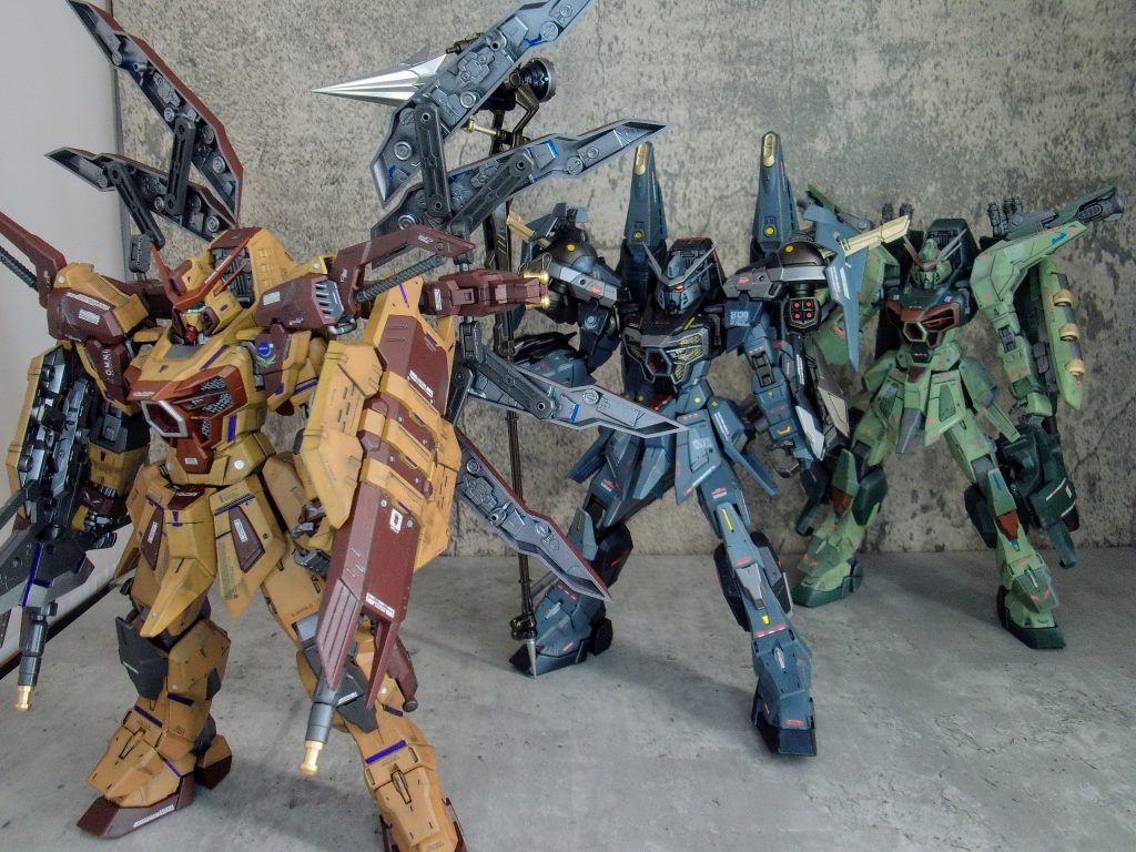過去に作成したエールカラミティとブラスターカラミティを添えて。AILE BLASTER CASTELLATEDの3機でABC小隊!これがやりたくてソードカラミティが欲しかったんですよ。色は3期とも軍用カラーでまとめてみた感じですね。