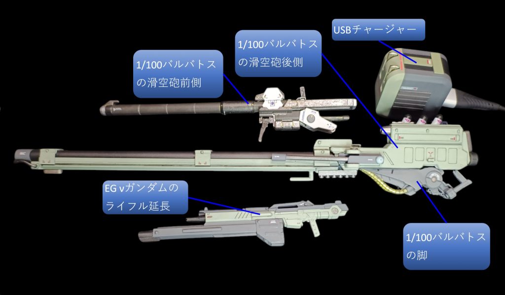 ハイパーメガバズーカランチャーモドキは、以前1/100バルバトスの滑空砲の前側の砲身部分で武器を作った時の余り、後側になります。デカすぎて持て余していたのですが、出番が来ました👋。持ち手の部分は、バルバトスの脚をぶった切りました。