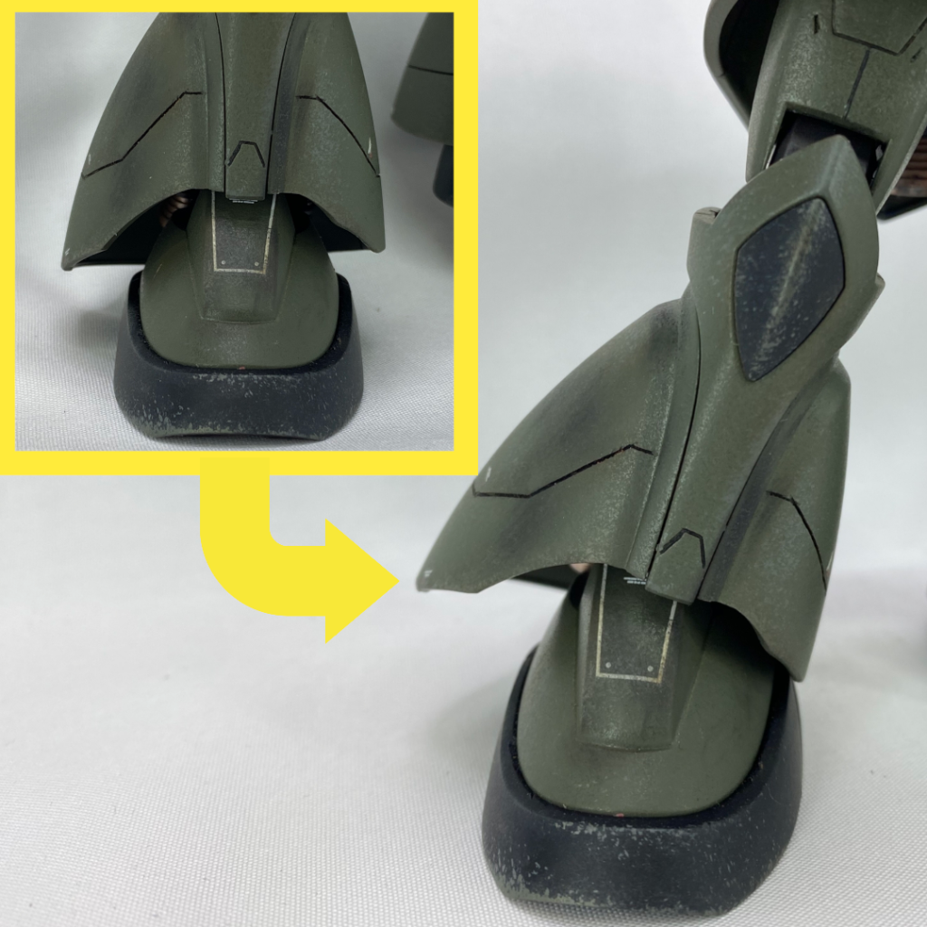 脚部は少しオリジナルで、フレア部分の内側を切り欠き、ポケ戦とか0083の設定画風に、左右非対称な感じにしています。好みによりますが、ハの字立ちさせた時にイイ感じになったと思います。☺️