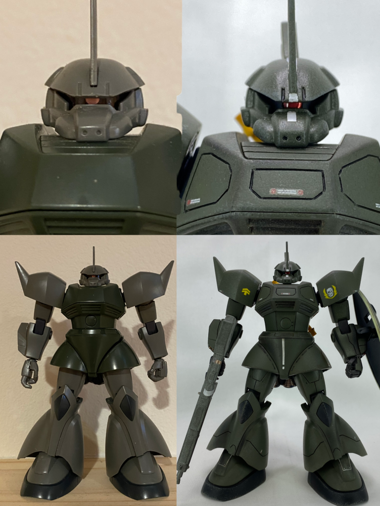 アニメ寄りのずんぐりむっくり頭部を幅詰めまた定番工作（腹部延長・膝関節延長・足首延長）によりプロポーションを変更しました。モールドはゲーム発売当時に合わせ、MGゲルググver1.0を参考にしています。