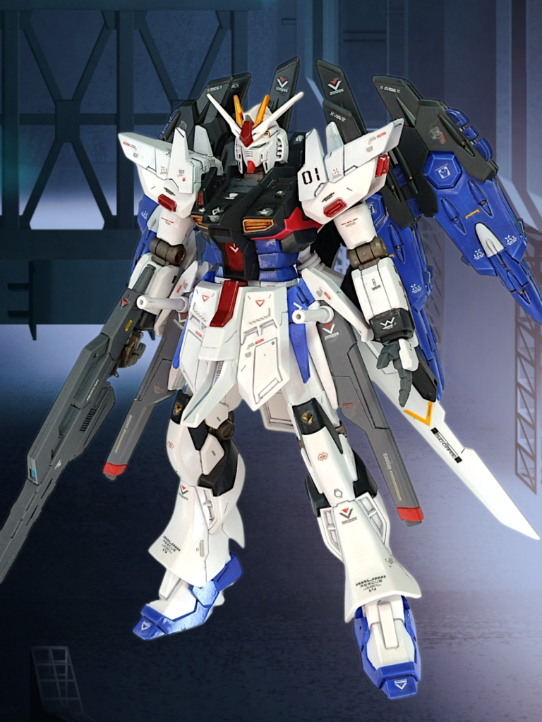 「SEEDの世界で改造されたvガンダム」というコンセプトは最初期からありました。HIvヴレイブをベースに、頭部のみノーマルνにしています「レールガンつけときゃなんとかなる」精神で作った腰部がお気に入りですバックパックはカルラのものを選択。ファンネルっぽさもあり、何よりカルラのような複座式のＭＳ設定にしたかったので、ぴったりでした それではしばし、お付き合いください