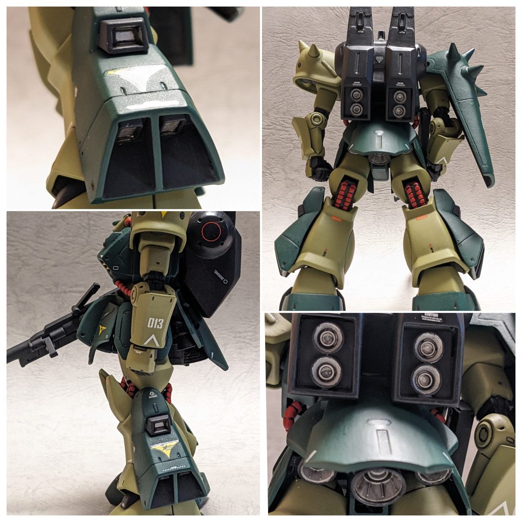 サイド並びにリアのショット。リアスカートにオリジナルでバーニアを追加しました。前後共にボリュームが増してるのが分かるかと思います。バックパックはギラ・ドーガのバックパックを芯にプラ版で箱組みしました。