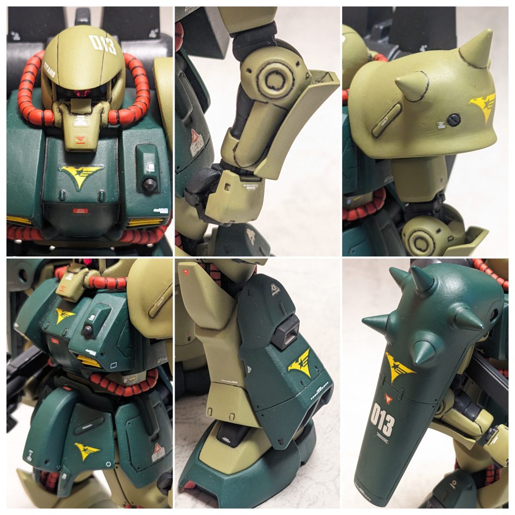 各部アップ。ベースはhgucハイザック。口元にはリヴァイブグフのノーズパーツをくっつけて延長しました。胸部は旧キットから移植、股間パーツと合わせて前にボリュームアップしました。腕部はオリジン系のキットから拝借し、小手部分にはリヴァイブグフのスネパーツを加工してくっつけました。左肩パーツは旧hgucグフの奴を切って貼ってしました。