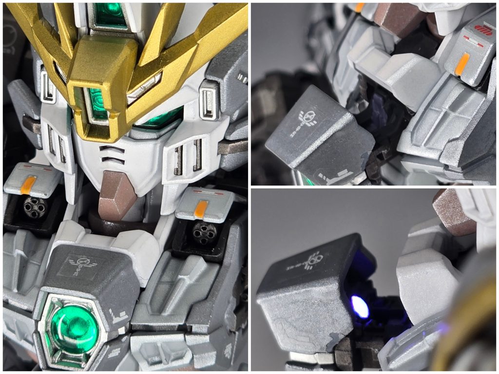 胸部周辺のギミックマシンキャノンは砲口をドリルにて堀り込み、奥行きを追加コクピット内も劇中再現で濃いグレーとパープル系で塗り分け、ゼロシステム起動をイメージしてコンソール部に蛍光を塗ってます