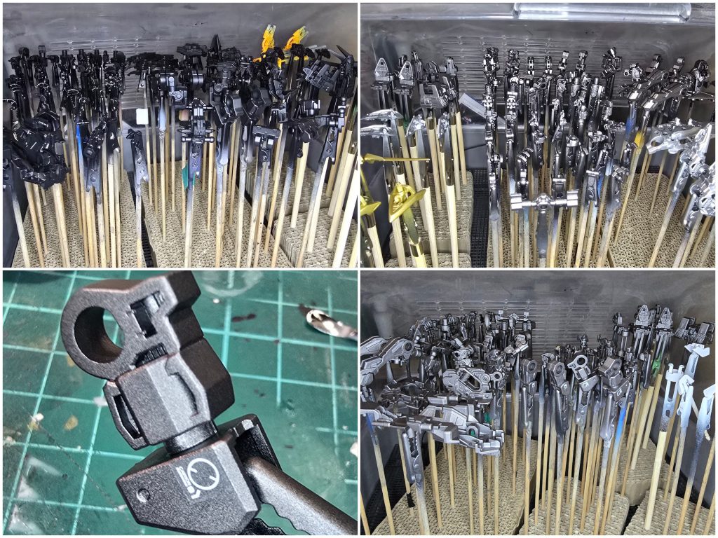 フレーム等は黒サフ下地から各種メタリック系にて塗装後、UVカットスムースクリアーにて仕上げマーキングシール貼り付け部はスムースクリアー前にターナーのグロスバーニッシュを吹き付け、段差消しをしてます