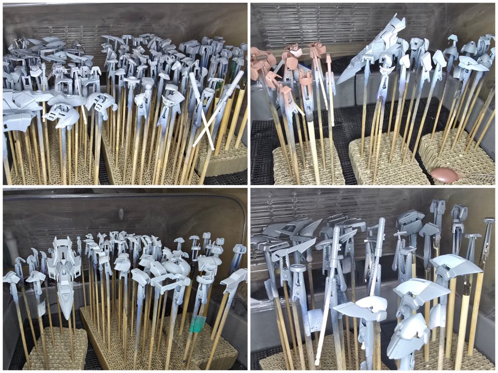 本体外装はグレーサフに黒サフを少量足したものを下地とし、白系とグレー系両方でメインとサブの2色使用しています白メイン:エアリアルホワイト白サブ:ディアクティブグレーグレーメイン:ニュートラルグレーグレーサブ:明灰白色(1)赤部分はルブリスソーンブラウン