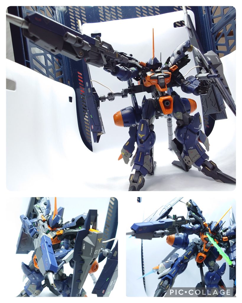 ロングビームライフルティターンズ汎用ビームライフルに専用設計のロングバレルを接続したモデル。狙撃から連射まで様々な運用が可能。独立センサーと機体のFCSを直結させることで高い射撃精度を発揮する。