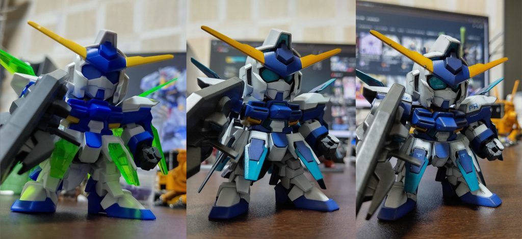 左から 素組、塗装後、ウェザリング後。素組も意外とカッコよかったんですが、塗装すると見違えますね。色は説明書記載のイラストのカラーリングに近づけた…つもりです。