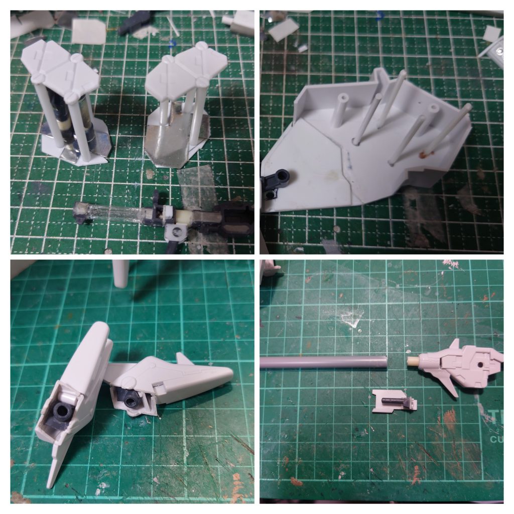 オーキスはバリバリの大改造、大型化をしています。コンテナには折りたたんだフォールディングバズーカが収納可能で引き出しギミックも再現、マイクロミサイルポッドと集束ミサイルも作って引き出し可能にしています。コンテナ側に0.2鉄板を敷き、バズーカ収納はネオジム磁石で行っています。メガビーム砲はもちろん大延長、グリップも差し替えで再現しています。クローアームはボールデンアームアームズのジョイントを仕込めるようにしています。その他、背部のトンガリをことごとく延長など、愛ゆえに色々やっています(笑)!