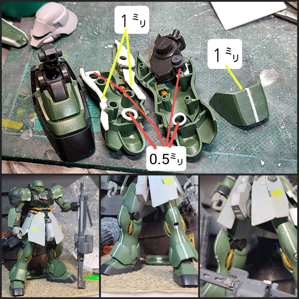 そのままだとスタイリッシュで脚長過ぎる印象なので、膝から下は1ミリ幅増しし、太ももは内側に0.5ミリのプラ板を貼ってボリュームアップしてます。見えませんが股間軸も左右に1ミリずつ幅増ししてあります。更に股間ブロックをジャンクパーツに置き換えて、腰アーマーを大型化することで、脚そのものの長さは変えていませんが、長すぎるイメージは抑えられたかと思います。ちなみに、本来ふとももにあるバーニアのカバーパーツは、少し加工して右腕に追加装甲として取り付けています。銃はコトブキヤさんの物を使用しています。
