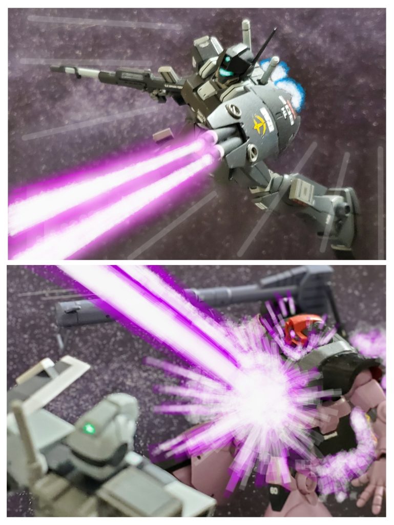 戦闘宙域に向け加速しつつ、ジム・ナイトメアはシールドと一体型の2連装ビームキャノンを構え、リック・ドムをロックオン🔆そして放たれた2本の強力なビーム波は鋭くリック・ドムに刺さる~💥ジオン部隊に強烈な一撃を与え、苦戦で下がった部下たちの士気を引き戻すブラン中尉😎✨そしてすかさず各小隊に通信し体制を立て直す👉️