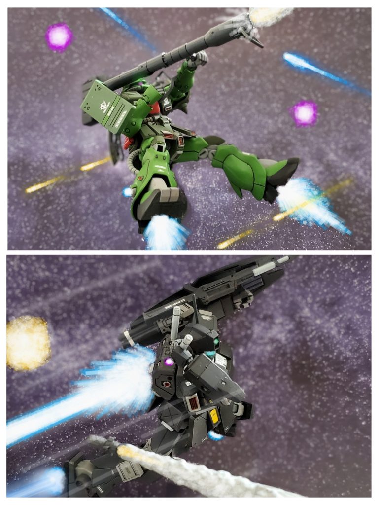 相当な修羅場を潜り抜けてきたであろうザクは、高速で連射されるライフル弾を巧みに回避しつつ反撃のジャイアントバズを打ち込む👊✨ブラン中尉もまた的確に打ち込まれる弾道を紙一重で回避しつつ切り上がり、ビームサーベルを抜きザクに接近していく~🤩✨