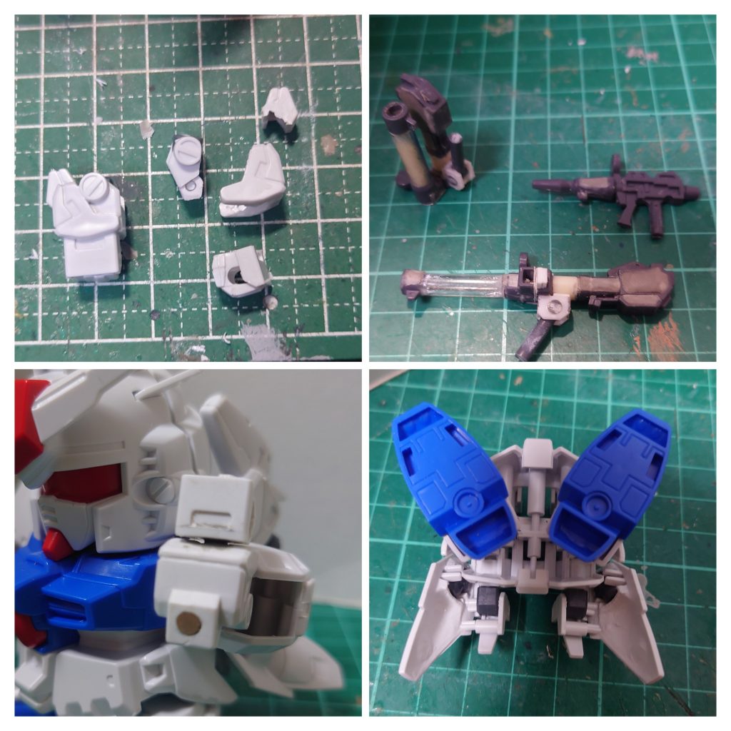 ステイメン本体は脚の接続位置を調整して少し長く、大きく開けるようにして、手首にはロール可動を入れています。シールドも大型化(写真忘れ… )ネオジム磁石を仕込んで接続方法も変更。昔のキットを掘り出してきてバズーカは2丁用意、いずれも延長とネオジム磁石による折りたたみ工作をしています。ビームライフルは肉抜きを埋めます。