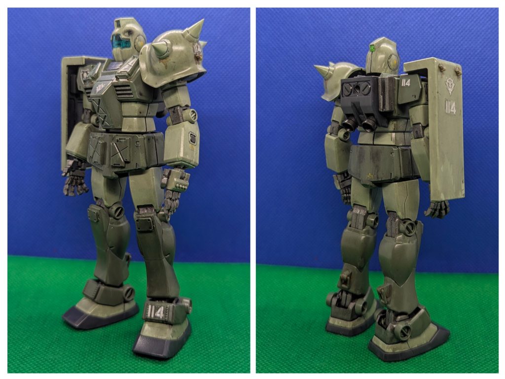 当初はザクカラーへの塗装変更のみのつもりでしたが、せっかくなのでよりジオンらしくしようと思い、ザクシールドとスパイクアーマーを取り付けています。