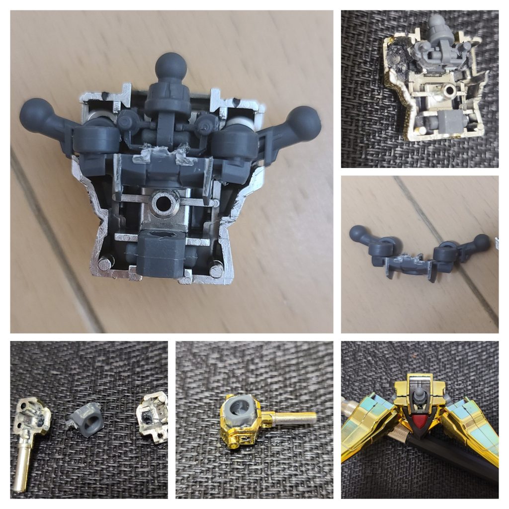 肩の引き出し機構はライフリのモノを上下逆転させて、必要部分のみ切り出して組み込んでいます。アカツキの外装の内側も現物合わせでかなり削り込んでいます。