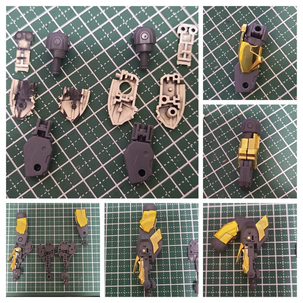 大腿部と膝はかなり苦労しました。加工前後が判るように左右に並べています。ここで接着剤を使用したのは、太もも前面の装甲パーツのみです。極力、外装の接合部を残して組み立て出来るようにしました。失敗が許されない一発勝負の現物合わせはかなりのプレッシャーでした。