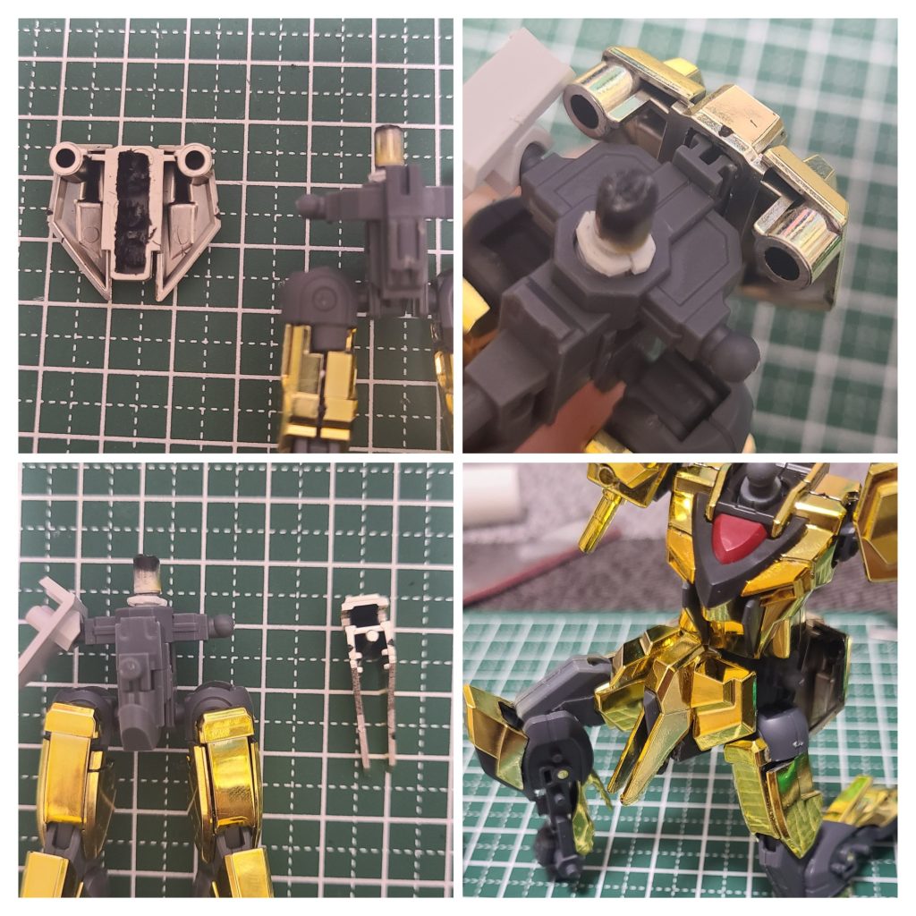 股関節はライフリのモノをそのまま使用しています。リアアーマーとフンドシ部分は内側を削るだけで接着剤無しでも接合できました。ただし、ポージングするときにポロリするので、接着剤で固定しています。腰はライフリのボールジョイントとアカツキのリアアーマー内側の不要部分を、ランナーから作成した軸で接合しました。これでオリジナルには無かった腰部のスイングが可能になっています。