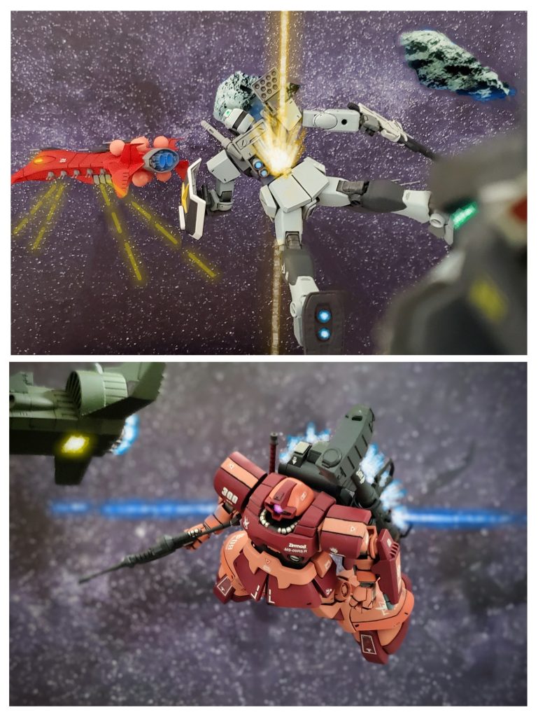 ジオン部隊は戦闘力が低下し全滅も時間の問題となり始めたその時‼️グワジン級を包囲し殲滅にかかるジムが頭上からのビームに貫かれて爆散する💥ブラン中尉はモニターで頭上を索敵✴️ゼロ方向よりビームを放った機体を望遠で確認する👀❕そこには敵の増援と思われる1隻のザンジバル級‼️そして彗星の如き速度で赤い色のMSが戦闘エリアへ急接近するのであった🌠……💫以上、私の妄想イメージによるジム・ナイトメアとザクII改の年末スペシャル激突編でした~😊🎵