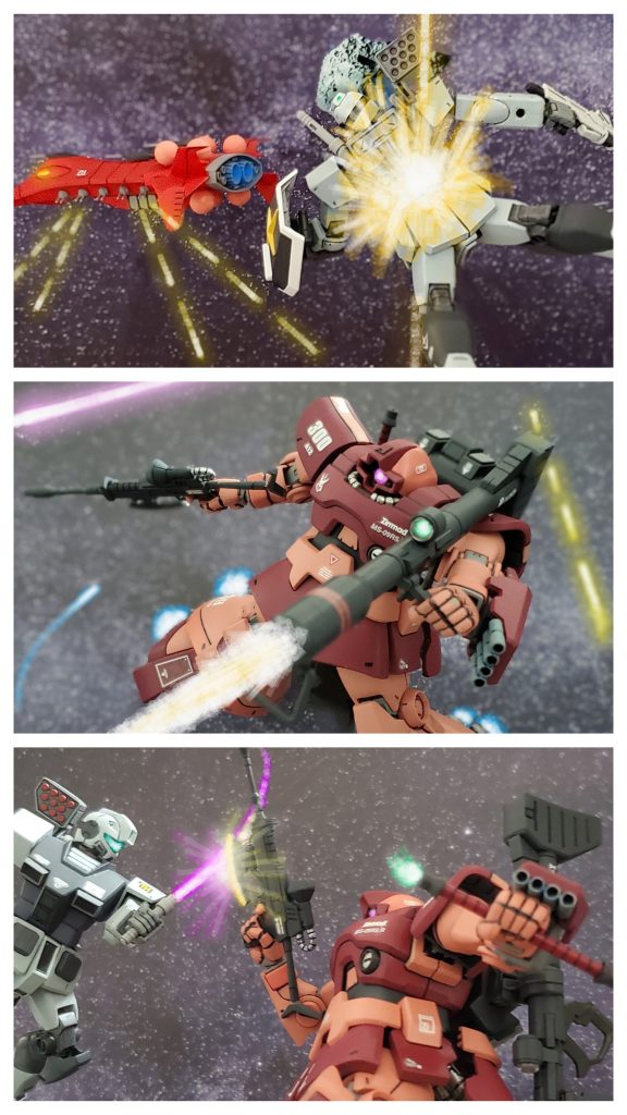 グワジン級を取り囲むジムの１機を一撃で貫くと迷わず敵部隊の中心に舞い降りる～🕊️✨改良されたジャイアントバズ、ヒート刃付きのビームライフル、そしてビームナギナタで相手のジム部隊を手玉にとる😆🎶