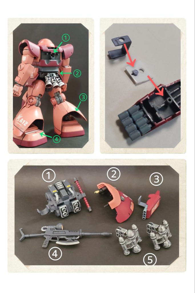 さらに今回の改修ポイント～✨緑🟢の①はバッグパックを接続するため穴を空けました❗②はお尻スカートのジョイント用の穴を空けてます🎵③は足スカートを切り離すため、内側から削り切り取りました✂️✨④は脚部バーニアを踵に接続する穴です🦶右上↗️はバルカンシールドの分解図❗バルカン砲身はグフのフィンガーバルカンを流用🎵そして、腕への接続にはコの字型のパーツを用意❗プラ板に穴を開け接着剤なしで組み上げめました🎶今回の改修で一番の満足ポイントです🤭✨白①はバッグパック❕両サイドに武器をマウント可能にしてます😊②は腰リアスカートで両端にポールジョイントを接続～😊③は先に述べたバルカンシールド🛡️✨④はビームライフル改❕トリガー前部分にヒートホークの刃を取り付けて遠近両用武器に仕立てました👍️✨⑤は脚部内のバーニア❗ジョイントパーツを付けてスカートの外に出せるようにしています🙌