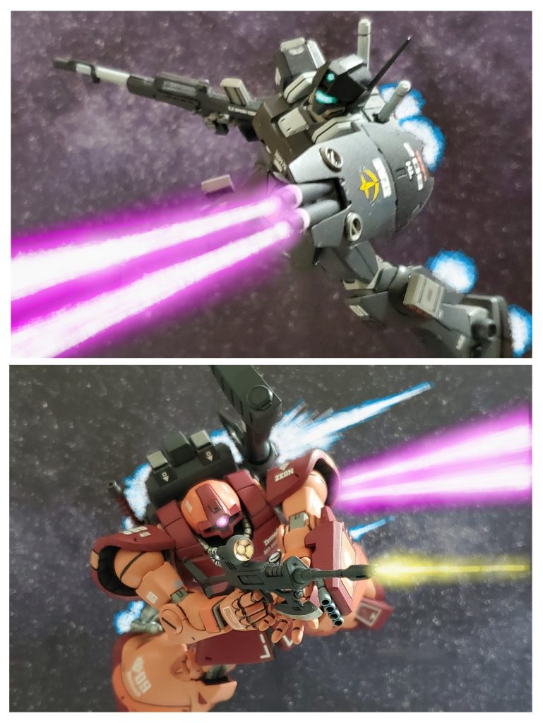 しかし赤い機体の鬼神の強さを見ても退かずに向かってくるジムが１機‼️強力なビームキャノンを放ち、シャア大佐の前に立ちはだかるのは最新機種と思われる漆黒のジムタイプ✨パイロット技量も高いようで射撃も正確🔆それに対して左右に回避しつつビームライフルを打ち込むリック・ドム👊ハイレベルな射撃戦を展開する両者💥🔫