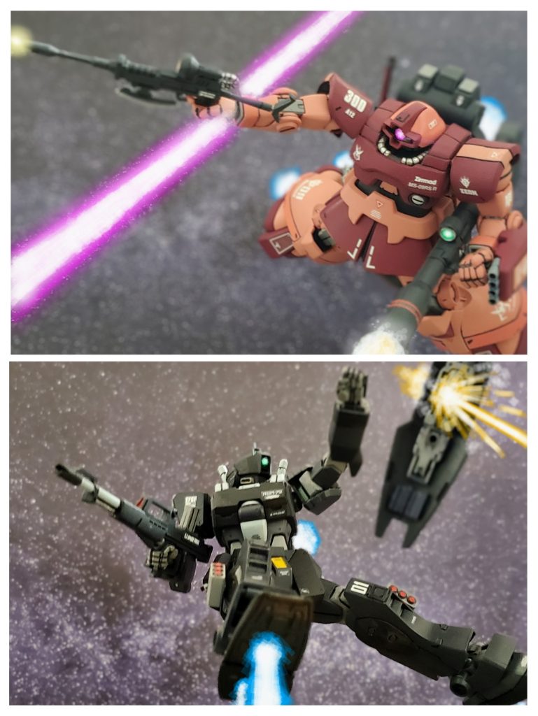 大佐は手強い相手と認め、次の戦法に移る🎵左腕でジャイアントバズを放ちジムタイプの動きを誘導💡そして機動後の位置を感じ取りライフルを一撃💥大佐は火力を奪うためビームキャノン付きのシールドを狙ってビームライフルを打ち込む👍️✨漆黒のジムは誘爆を避けるためシールドを瞬時に手放す💦