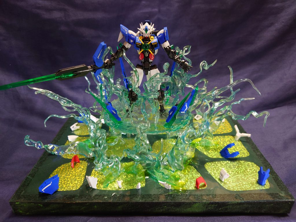 Quantum Burst人類の存亡をかけた対話の始まりRGダブルオークアンタで劇場版でのクアンタムバースト発動時の姿を作成しました。熱収縮のプラ板で荒れ狂うGN粒子を表現してみました。