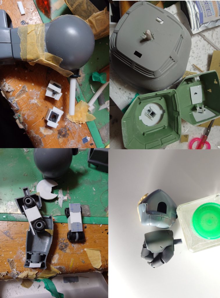 肩:肩の接続も5mmプラ棒に変更しました受けはwaveのポリキャップを胴体に仕込んでいます腕:元のポリキャプと関節を生かしつつプラ板で新造しました可動個所の邪魔になる部分はカットソーで除去しています手:元の手からStyle Sさんのロボマニ8Lに変更しています、制作中に運よく販売されたのでとてもありがたかったです