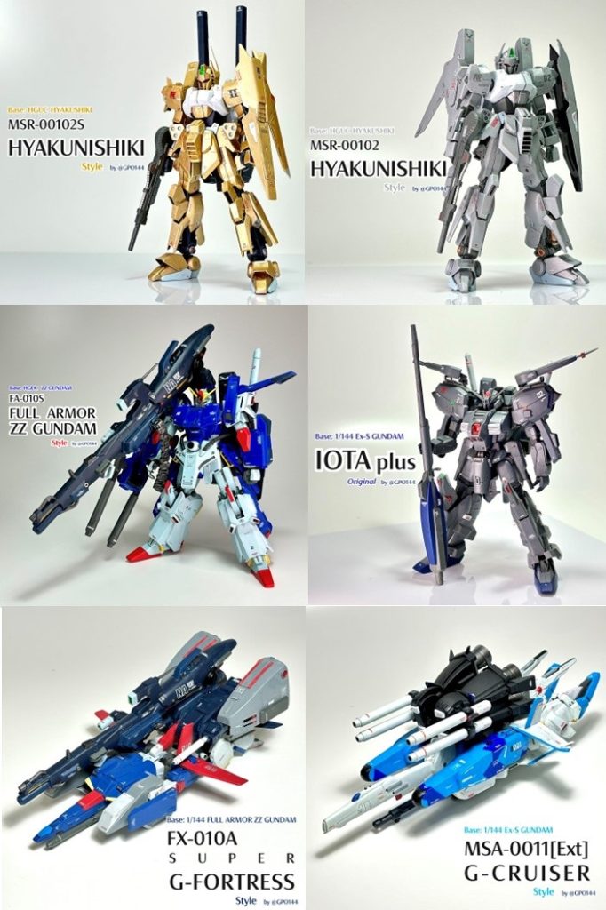 2024年5月6機製作。百二式 隊長機 風百二式 一般機 風FA ZZ 風イオタ・プラス(オリジナル機)スーパーGフォートレス 風Gクルーザー 風漫画「機動戦士ムーンガンダム」に百式のバリエーション機が掲載されているのを見て「なんだこれは!!」と、すぐに自作。