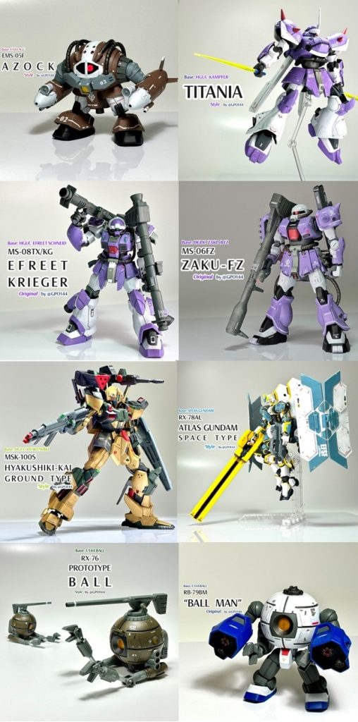 2024年7月8機製作。アゾック 風ティターニア 風イフリートクリーガー(オリジナル機)ザクFZ NF所属機(オリジナル機)陸戦用百式改 風アトラス宇宙戦用 風プロトタイプボール 風ボールマン(オリジナル機)アゾックとか、陸戦用百式改とか、何年も前から自作したかったMSを形にすることができて嬉しかったですね。