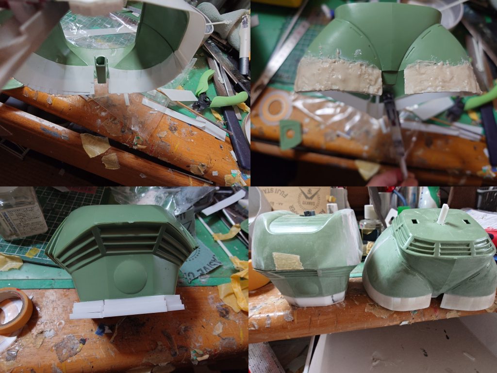 腰:裏から2.5mmくらいプラ板を貼り付けそれに沿って正面からもプラ板を貼りそこに瞬着パテを盛りました(正直あまり頭のいいやり方ではなかったなと思います…)接続を5mmプラ棒に変更しています胸:肩との接続部の蛇腹を切り落としプラ板を貼り裏から接続用のポリキャップを仕込んでます腹:9mmほど延長し中に接続用のポリキャップを仕込んでます