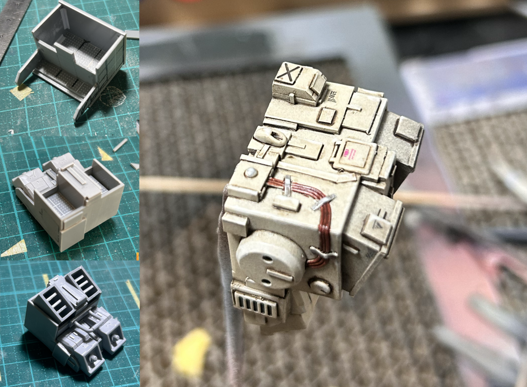 高出力なバックパックを探すよりも自作した方が早いのでは?と思い立ったが吉日見様見真似でザクマインレイヤーのバックパックを模したつもりが、フラット立ち寄った量販店でゲットしたビルダーズパーツMSバーニア02と組み合わせてたら似ても似つかない何かになってましたあれー?でもしばらく自作したパーツ眺めてニヤニヤするくらいにはお気に入りに仕上がりました🥰