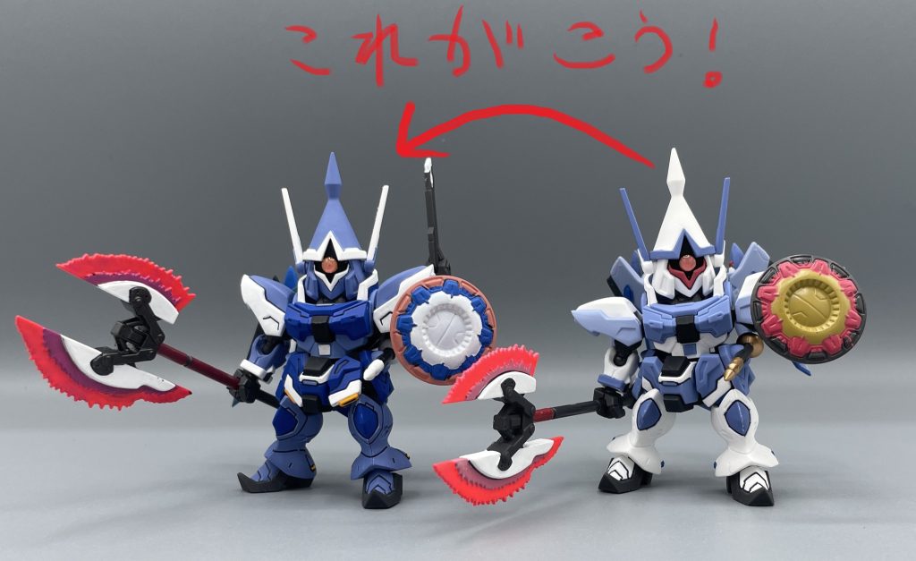 ギャン・シュトローム(一般機/ヒルダ機)はモビリティ・ジョイントでは未発売なので、アグネス機をリペイントしています。青と白が反転するカラーリングなので、筆塗りが面倒くさい事この上なかったですw