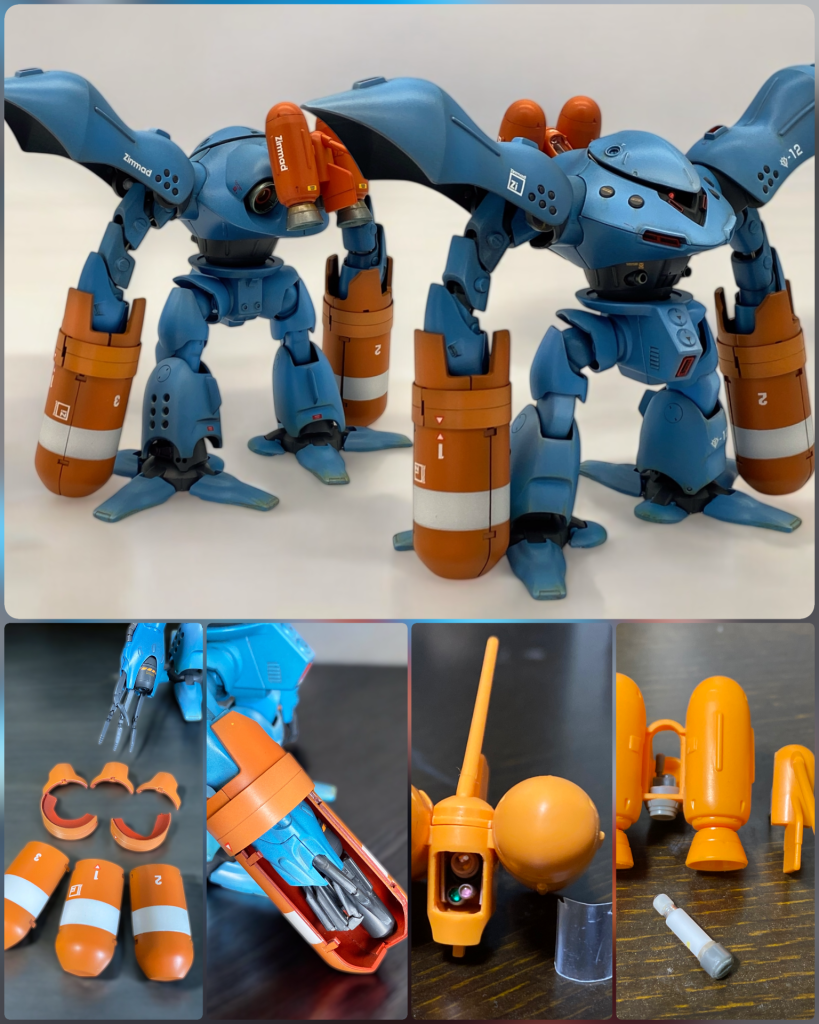 オプション装備のハンドミサイルユニットは定番の3分割加工です。分割線上の窪んだディテールを切り落として、プラ板で作成したクリップ状のパーツに置き換えて連結しています。キットでは爪やミサイルが収まない付け替え構造ですが、ビーム砲塔の伸縮と爪の関節可動化で内蔵を実現しました。ロケットパックは発光部の窓部分を開口してレジンで窓を作り、ミライトを組み込んで発光しています。