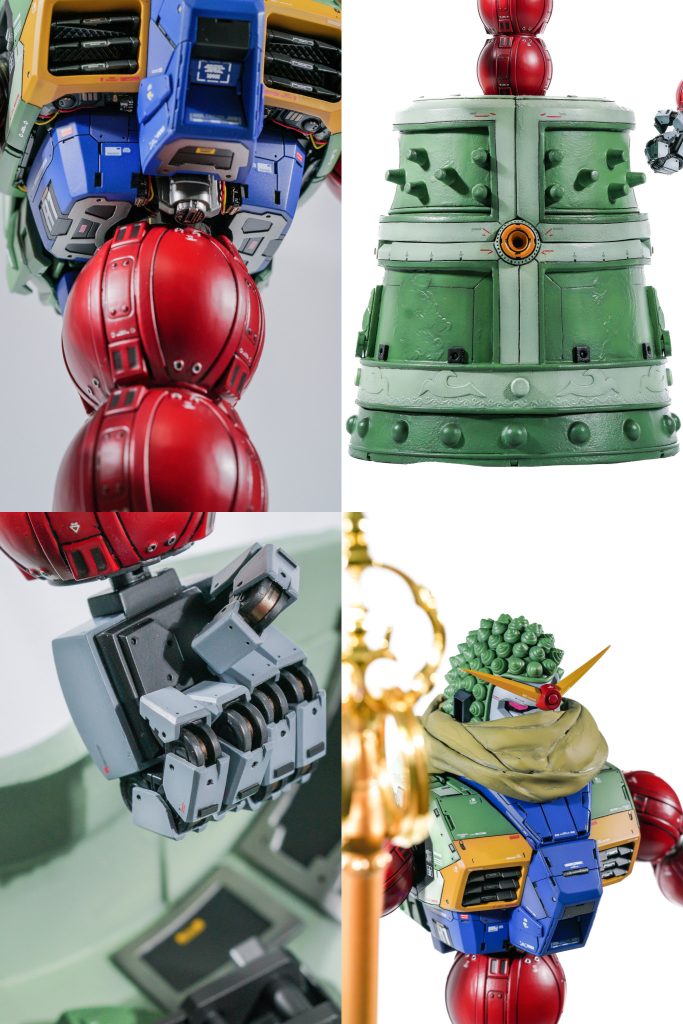 こだわり部分が多すぎてすべては書ききれませんが中でも見ていただきたい4つ!・胸部のディテールアップ(内部メカちら見え的な)・釣鐘の質感・変形ギミック・龍と鳳凰の刻印・ボールデンアームズとプラ板で自作した全指可動ハンドパーツ・ティッシュで作ったマフラー