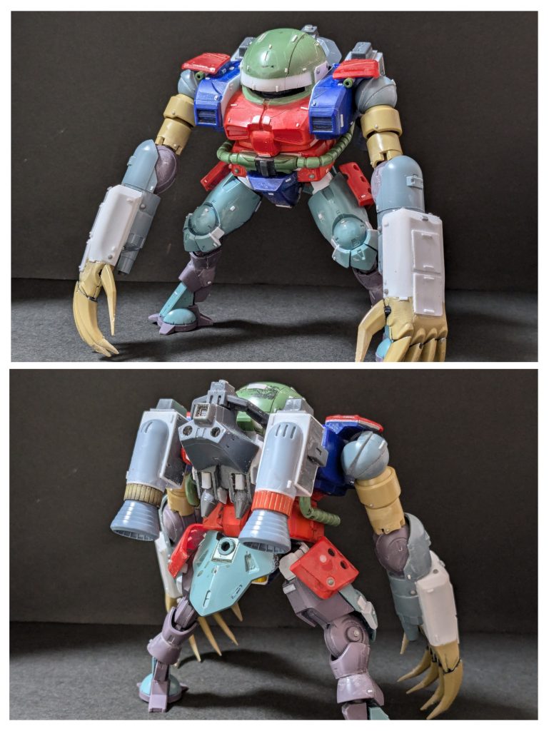 塗装前。主な構成は以下のとおりです。意外とSD多め。クロー・上腕・バーニアノズル → ゴッグ(ゴッグ・タンクの余り)脚・肘関節・リアスカート → ハインドリー(エアリーズの余り)股関節 → F91(エアリーズに腿から下を使用)頭部・動力パイプ → SDザクII(マークII・アーミーにランドセルを使用)胴体中心部 → SDガンキャノン(ボール・マインレイヤーとエアリーズにランドセルを使用)胴体両脇・肩・肘当て・腕部メガ粒子砲 → SDガンタンク(ルブリスAE試作機にキャノンを使用)バーニア基部 → ボール(ボール・マインレイヤーの余り)