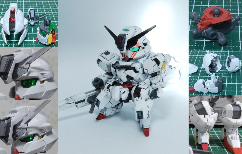 SDキャリバーンの可動モデルです。頭部: 上半分はSDEXエアリアルを使用し、下半分は元のキャリバーンのものの後部を拡げて接着しました。マスク部分は下側を少し削っています。また、今回も矢部誠(KOU)さんのXのポストを参考にし、Cジョイントによる顔の上下動で表情変更が可能な工作を施しました。腕部: 前腕部を若干削って短縮しました。左腕はSDフレーム、右腕はCSフレームを採用。モモ部分も左右で太さが異なります(入れ替え可)。本作品は形状の整合性よりも動きやキャラクター性を重視したデザインです。脚部: 足はSDフレームにCSフレームのモモ(ヒザ)を被せた構造。モモ(ヒザ)は元々HG並みの太さでしたが、さらに拡張して強調しました。脚全体が太くなるとメリハリが失われるため、足先を小さくし、正面から見た際にカードダスのイラストのような先細りしたつま先に見えるようにしました。 かかと部分は小さくせず、イラスト風のデフォルメ感と立体物としての自立性を両立させています。