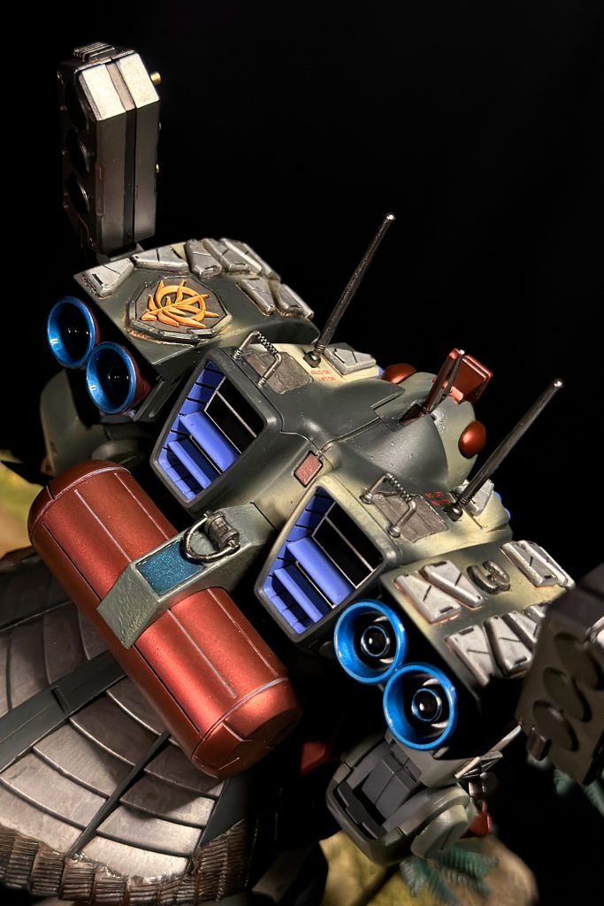 Here is a detailed view of the backpack and rear shoulders.