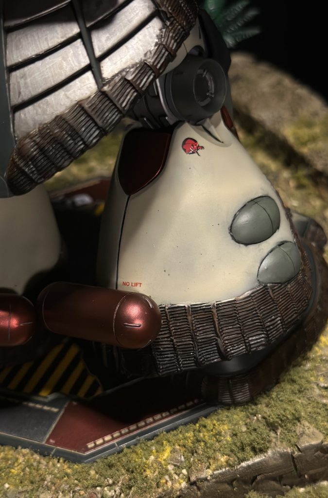 Here is a detail view of the calf. I used Apoxy Sculpt to add a Zimmerit Coating in the style of Kazuhisa Kondo. I also applied vintage Italian WWII infantry and US Air Force decals to add to the effect.