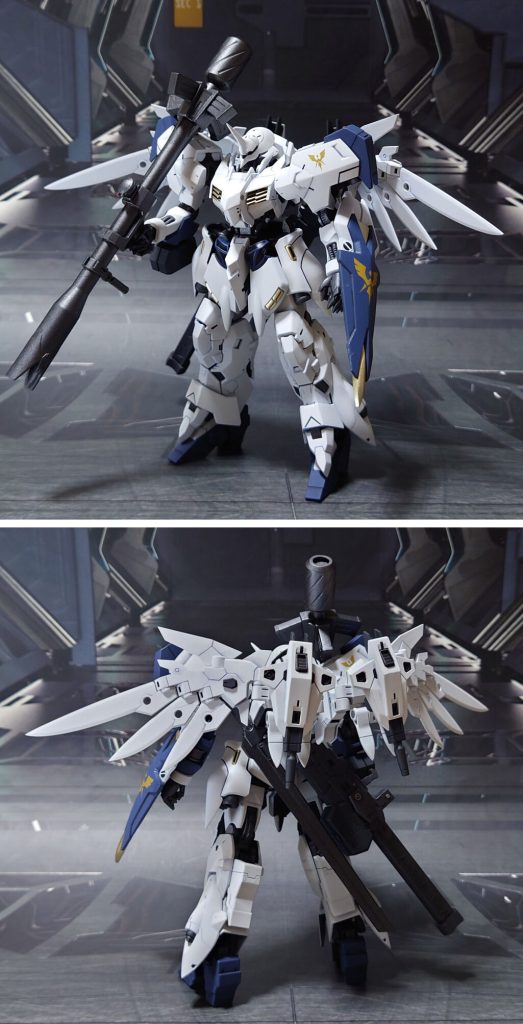 ガンダム・ネビリム(完成体)の前後ろ。工作は、ゲート痕処理、エッジ尖らせ、パーティングライン・段ズレ・ヒケの対処、面出し、穴開け、肉抜き穴埋め、合わせ目消し、市販パーツ貼り付け・埋め込みによるディティールアップを実施。肉抜き穴埋めは首関節ポリキャップ、胸部シリンダーディティール、肩関節、ビームガン付きシールド裏側、バックパック、イージスの盾先端部の裏に実施。合わせ目消しは肩アーマー、手持ちレールガン、バズーカ、バスターランチャーに実施しました。