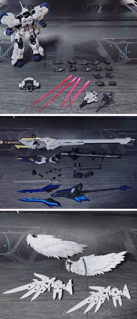 付属品一式。バックパックは30MMオプションセットをベースに、セット内の翼とは別に有機的翼を追加。武器については、基本は“シンプルな方が得体のしれない強さを持ってそうに見える”という自分の感覚に沿って取り入れ。オモチャ的な楽しみとして、大型の武器(バスターランチャー)も1本、用意してみました。