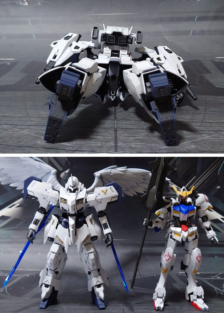 下からのアングルと、ガンダム・バルバトス(第四形態)とのサイズ比較。■ミキシングレシピ頭部：Gルシファー胸部、腹部：マルコシアス、端白星、バルバタウロス肩関節、肩アーマー：ユーゴー上腕、前腕：端白星手首：他社パーツ腰部：端白星、アスモデウス、シナンジュ脚部、足首：ムーンガンダムバックパック・翼：30MMオプションパーツセット17、他社パーツ武器類：ジュピターヴガンダム、イージスガンダム、オプションパーツセットガンプラ01、他社パーツ ■塗装レシピ白：パーツ裏側に黒サフ→パーツ表側にグレーサフ→ベースホワイト→→つや消し腰フロントアーマー、サイドアーマー白：黒サフ→グレーサフ→ベースホワイト→つや消し青：黒サフ→アマゾンブルー→つや消し濃グレー：黒サフ→MSグレー連邦系→つや消し金：黒サフ→ブラック→メタルゴールド→光沢フレーム部分・武器類グレー：黒サフ→ガンメタル→つや消しポリキャップ：PPプライマー→ガンメタル→つや消し有機的な翼白：パーツ裏側に黒サフ→パーツ表側にグレーサフ→パープルヘイズ→ベースホワイト→つや消しモノアイ：市販のレンズパーツを使用手持ちレールガンセンサー：市販のシール素材を使用イージスの盾白：裏側に黒サフ→表側にグレーサフ→裏側にブラック→表側にベースホワイト→光沢→つや消しイージスの盾青：黒サフ→ブラック→アマゾンブルー→つや消しバスターランチャーグリップ：黒サフトンファーブレード刃、槍刃(クリアパープル成型)：メタリックブルー→光沢槍グリップ：黒サフビーム刃エフェクト：先端側にメタリックレッド→根元側にベースホワイト→全体に蛍光ピンクデカール各種：各色のつや消し前に光沢→デカール貼り付け→光沢→(つや消し)その他部分塗装、墨入れ：ガンダムマーカー各種→つや消し