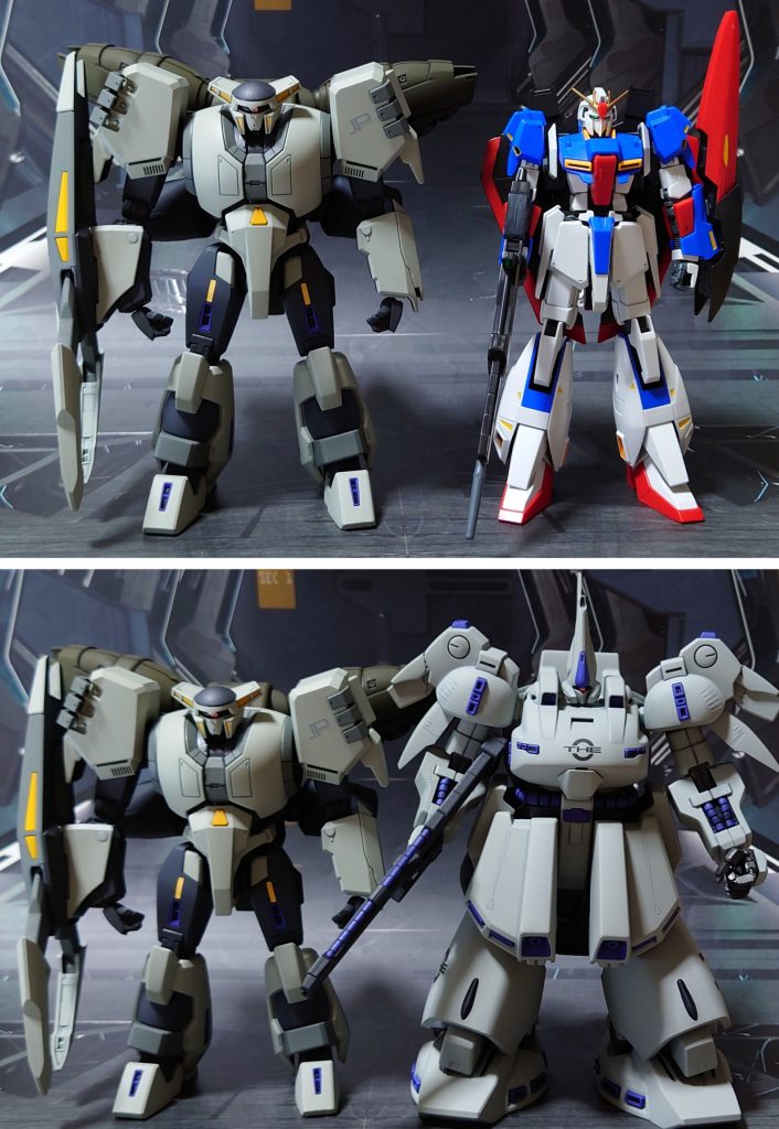 HGUCゼータガンダム(U.C.0088 Ver.)、ジ・Oとのサイズ比較。■塗装レシピ白∶パーツ裏面に黒サフ→パーツ表面にグレーサフ→ガルグレー→つや消しグレー:黒サフ→軍艦色→つや消し濃グレー:黒サフ→ファントムグレー→つや消し緑:黒サフ→オリーブドラブ→つや消し紫:黒サフ→パープル→つや消し黄:グレーサフ→黄橙色→つや消し胸部パイプ部、バックパックスラスターグレー∶黒サフ→メタリックグレイ→つや消し関節類グレー:黒サフ→MSグレー連邦系→つや消しポリキャップ:PPプライマー→MSグレー連邦系→つや消し頭部クリアパーツ:光沢モノアイレール・足首関節∶黒サフビームサーベル・ビームアックス刃エフェクト:先端側にクリアイエロー→根元側にベースホワイト→全体に蛍光イエローモノアイ:市販のレンズパーツ、シール素材を併用デカール∶各色のつや消し前に光沢→貼り付け→光沢その他墨入れ・部分塗装:ガンダムマーカー各種