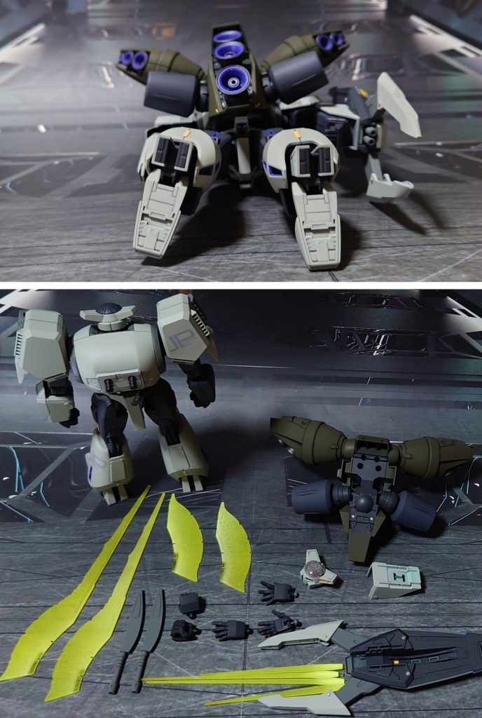 下からのアングルと、付属品一式。手首には次元ビルドナックルズ(角)のLサイズ、可動軸に真鍮線を通して補強したものを1セット追加。ビームサーベル刃は、短いもの(SB-6)を2本追加、余剰となる大きいビームエフェクト(シナンジュのナギナタ用)もそのまま使えるので、ついでに塗っておきました。