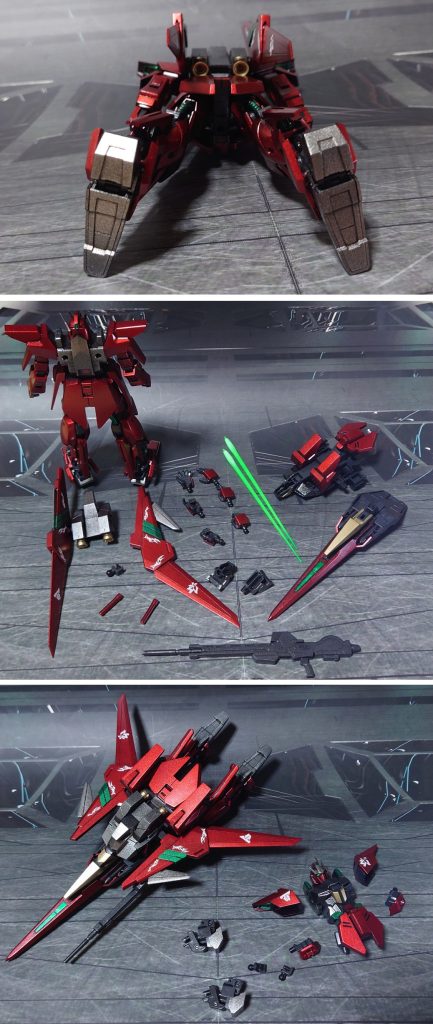 真下からのアングル、付属品一式、ウェイブライダー形態時に余剰となるパーツ。手の甲パーツは握り手・平手と銃持ち手・サーベル持ち手で形状が少し違い、気になったので、HGBF百万式のものを必要数流用。ついでに、不足している左銃持ち手・左サーベル持ち手を追加。ビームサーベルグリップは取り外しの際に塗膜が削れそうなので、シールド裏のビームガンはHGUCゼータガンダム(REVIVE版)のものに変更して固定、手持ち用は何処かしら外から見えないところに内蔵している、ということに。付属しているビームサーベル刃はSB-6のイエローですが、SB-13のグリーンに変更しました。