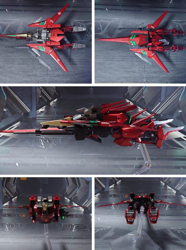 ウェイブライダー形態の真上、真下、側面、正面、真後ろ。■塗装レシピ赤:黒サフ→メタリックレッド→光沢緑:黒サフ→メタリックグリーン→光沢金∶黒サフ→ブラック→メタルゴールド→光沢銀∶黒サフ→シャインシルバー→光沢黒:黒サフ→メタリックブラック→光沢フレーム類濃グレー∶黒サフ→MSグレー連邦系→光沢ポリキャップ:PPプライマー→(各色)ビームサーベル刃エフェクト(クリアグリーン成型):先端側にメタリックグリーン→根元にベースホワイト→全体に蛍光グリーンセンサー類:キット付属シールを使用その他墨入れ・部分塗装:ガンダムマーカー各種→つや消し