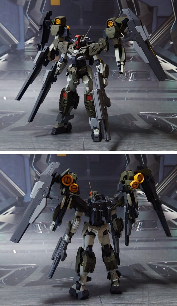 ガンダムダブルオーコマンドクアンタType.GBN+バーゼラスの前後ろ。工作は、ゲート痕処理、パーティングライン・段ズレ・ヒケの対処、面出し、合わせ目消し、肉抜き穴埋め、市販パーツ貼り付け・埋め込みによるディティールアップを実施。合わせ目消しはライフル等、肉抜き穴埋めは一部パーツに実施。他、30MMオプションセットからアサルトライフルを追加しました。