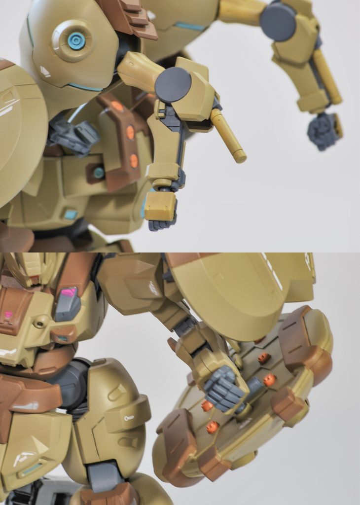 サブアーム(3,4番腕/ザウォート)はビームサーベルの出し入れ機能がある様に加工してみたり(ツメを切るだけなので簡単に実現できます)、リベイクのスカートも、何に使うのか良く判らなかった穴もグレネードで埋められるだけ埋めつつ、シールドとして抱えられるようにして、一応オモチャとしても遊べます。