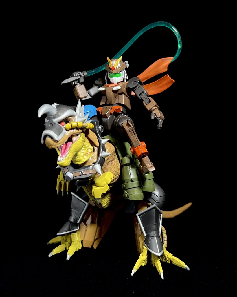▲コアインディ+ティラノザクアーマーカードダス風の構図!インディ<ティラノザクのサイズ差を出すのが結構大変でした。
