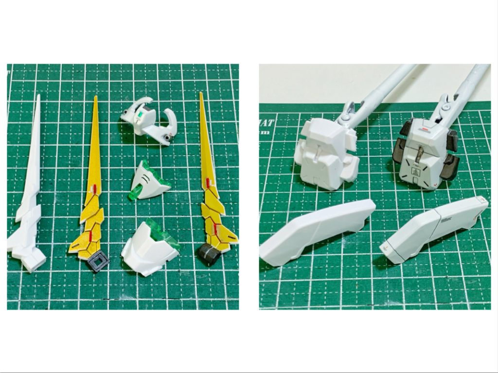 白いパーツの塗装は、クレオス Mr.サーフェイサー1200 スプレー→タミヤ ファインサーフェイサーL（ホワイト）→タミヤ スプレー TS-45 パールホワイトで。トップコートは、クレオス Mr.スーパークリアー（溶剤系スプレー） 半光沢で。